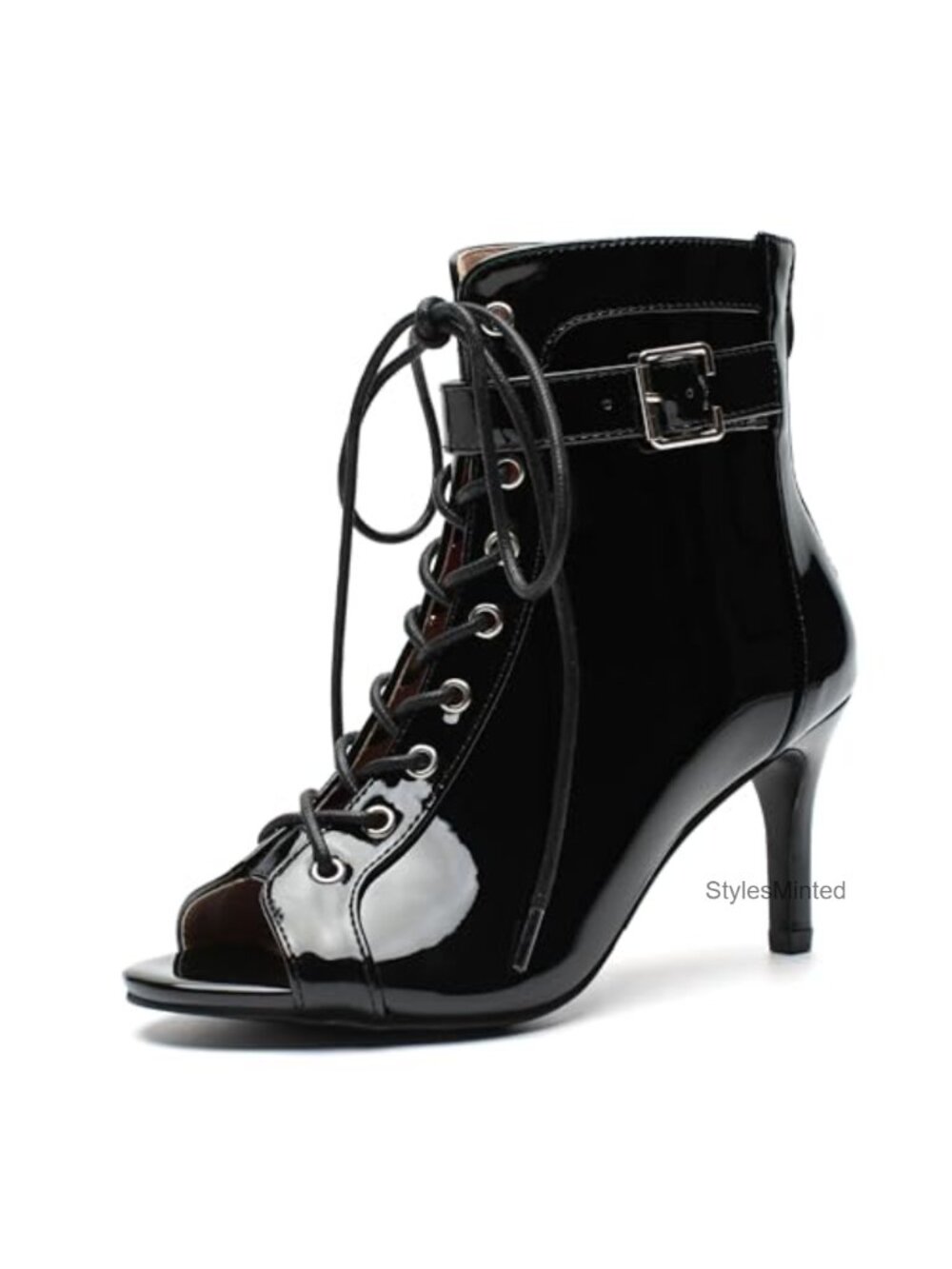 Lace Up Peep Toe Stiletto Heel Booties with Back Zipper Dance Heels for Party